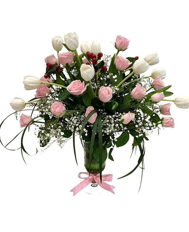 Tulips & Roses in a Glass Vase