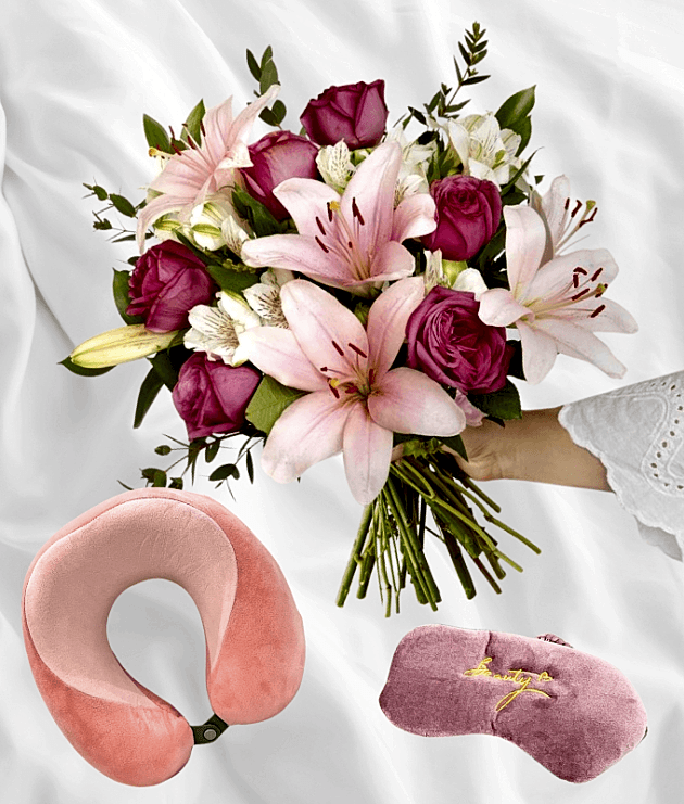 Travel Pillow, Mask & Floral Combo